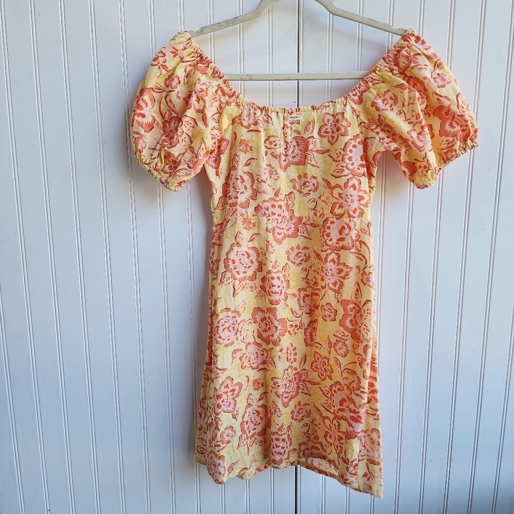 Billabong x Wrangler Dress Yellow Orange Linen Mini Floral Puff Sleeve Button XS - Picture 6 of 12